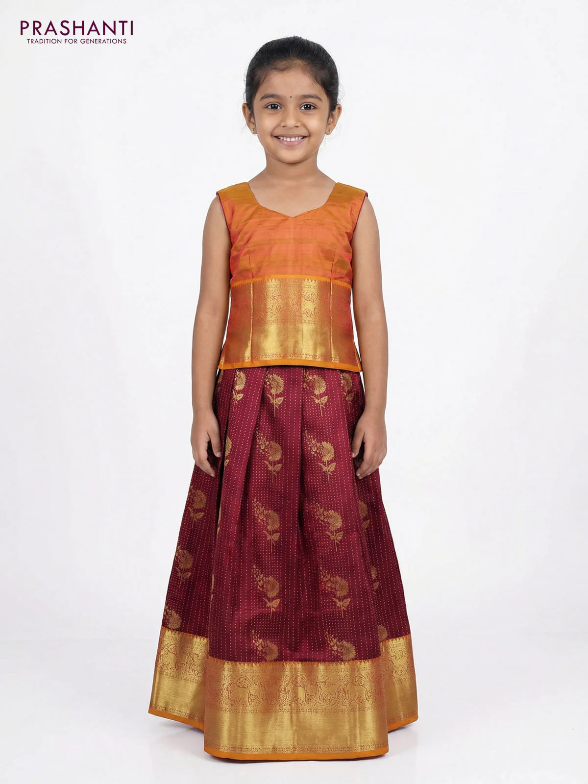 Pure silk unstitched kids lehenga dark magenta pink and dual shade of yellow with allover zari weaves and rich zari woven border - Image 2