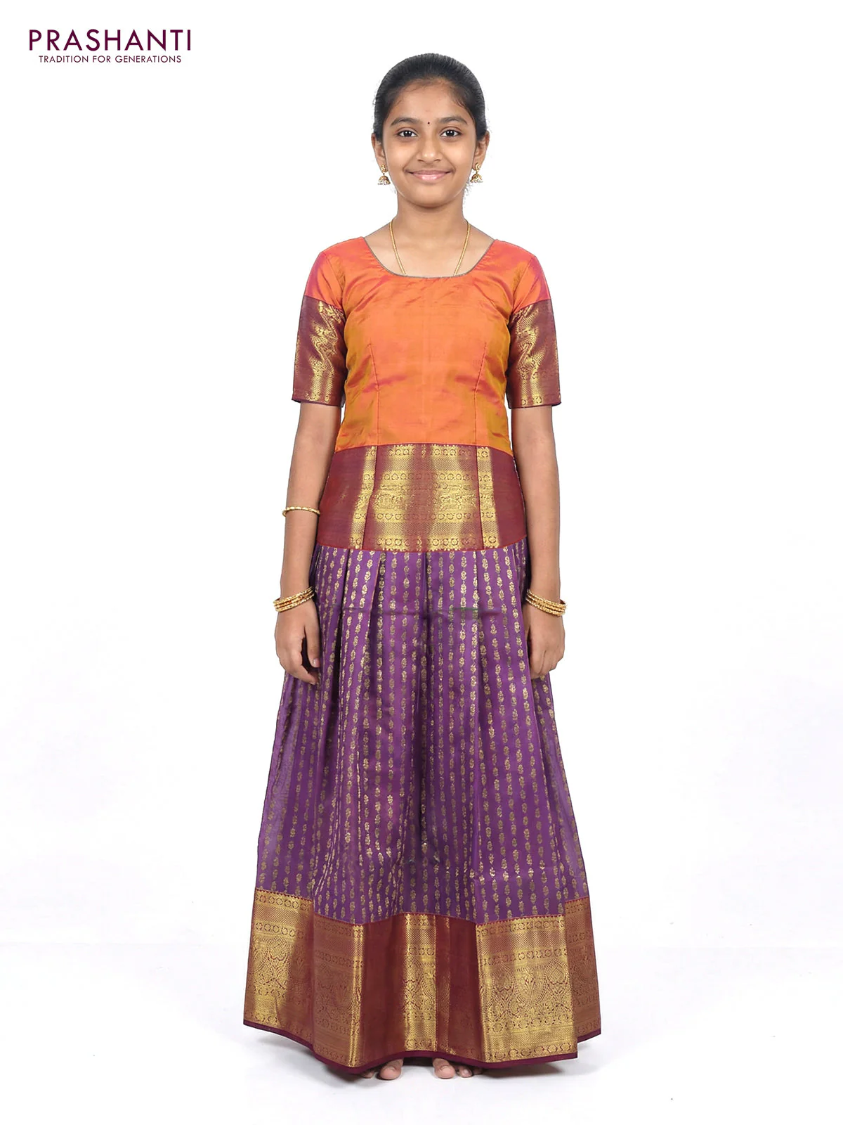 Pure silk unstitched kids lehenga dual shade of greenish purple and dual shade of pinkish yellow with allover zari weaves and long zari woven border - Image 2