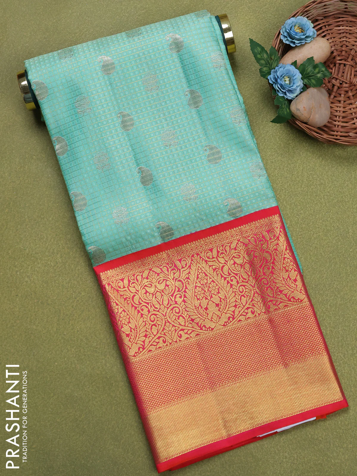 Pure silk unstitched kids lehenga teal green shade and dual shade of pinkish orange with allover zari woven brocade weaves and long zari woven border