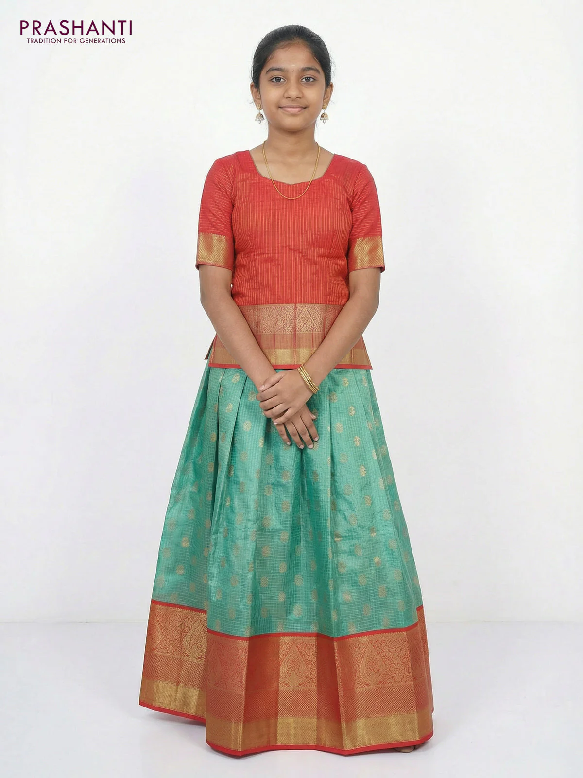 Pure silk unstitched kids lehenga teal green shade and dual shade of pinkish orange with allover zari woven brocade weaves and long zari woven border - Image 2