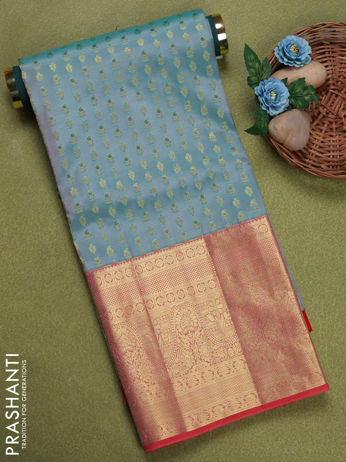 Pure silk unstitched kids lehenga teal shade and red with allover zari weaves and long zari woven border