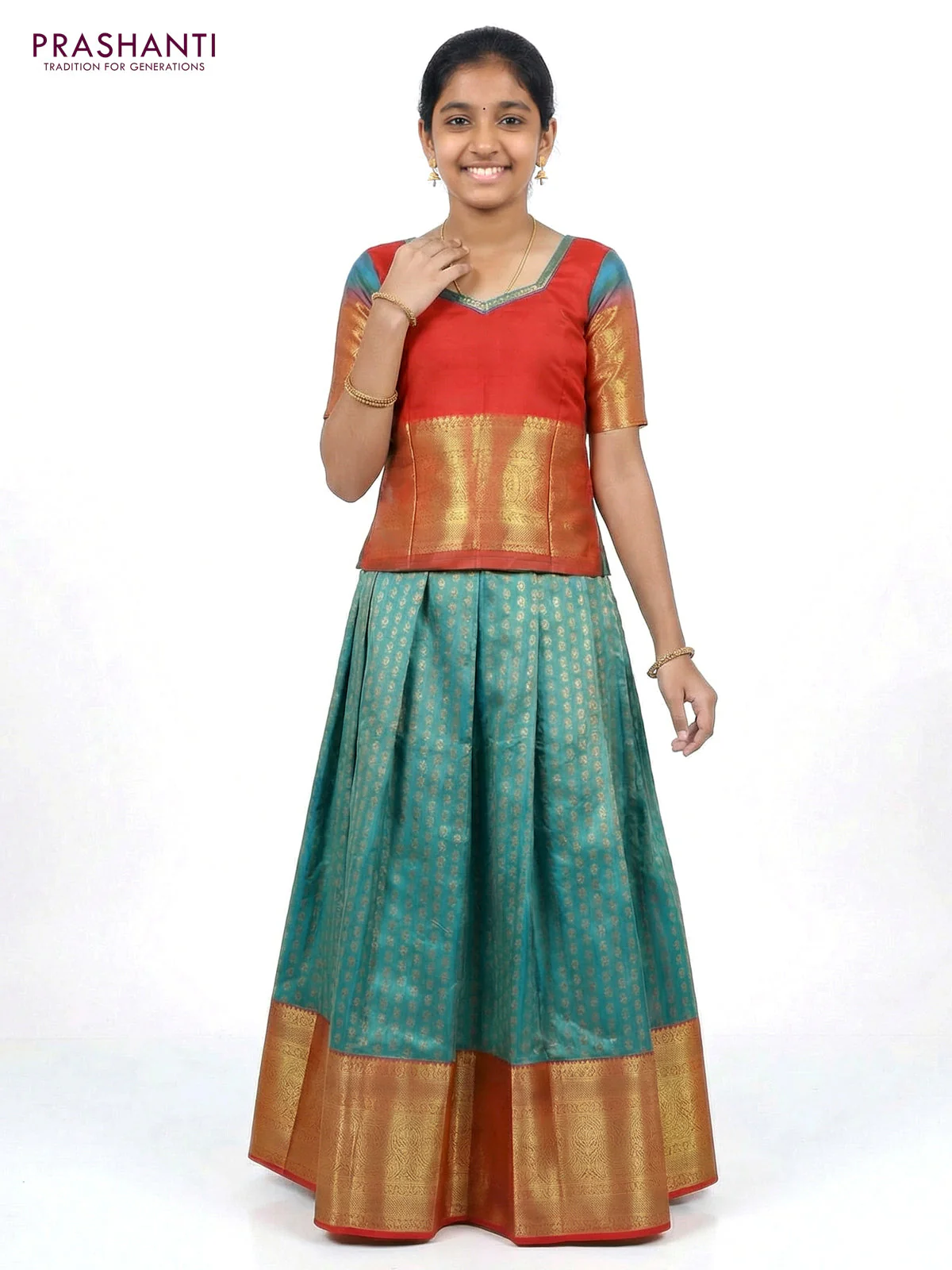 Pure silk unstitched kids lehenga teal shade and red with allover zari weaves and long zari woven border - Image 2