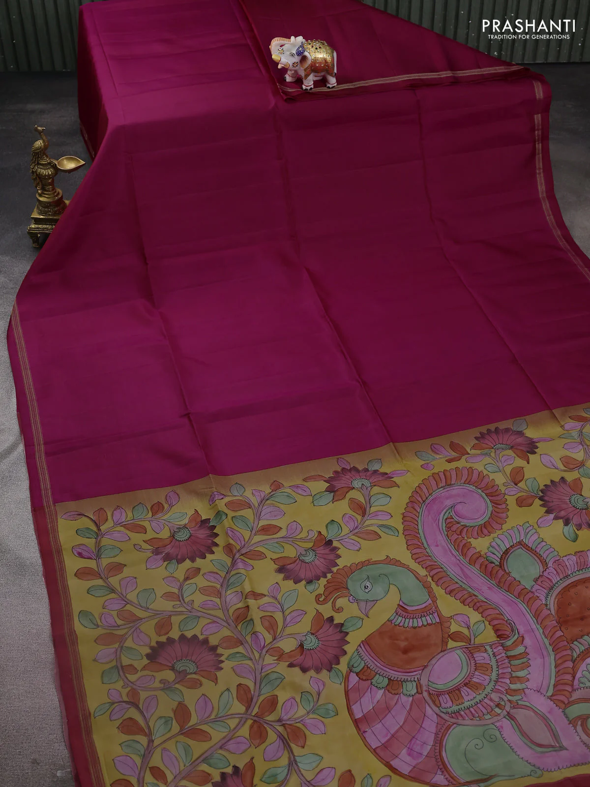 Pure soft silk saree pink and yellow with plain body and kalamkari hand painted pallu