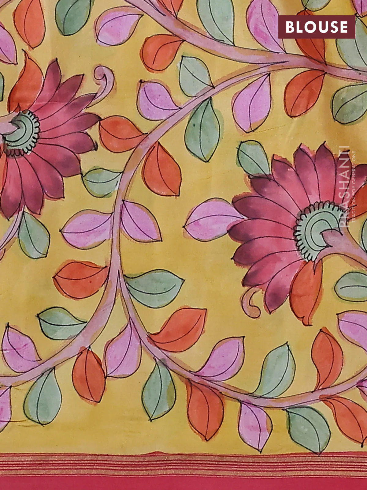 Pure soft silk saree pink and yellow with plain body and kalamkari hand painted pallu - Image 3