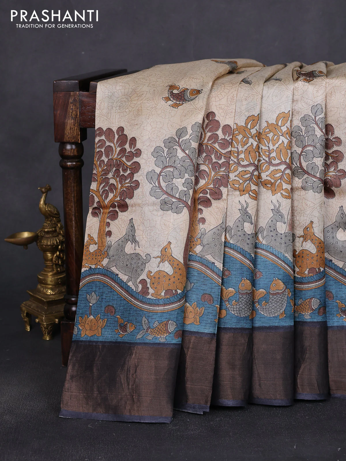 Pure tussar saree beige and grey shade with allover prints and zari woven border