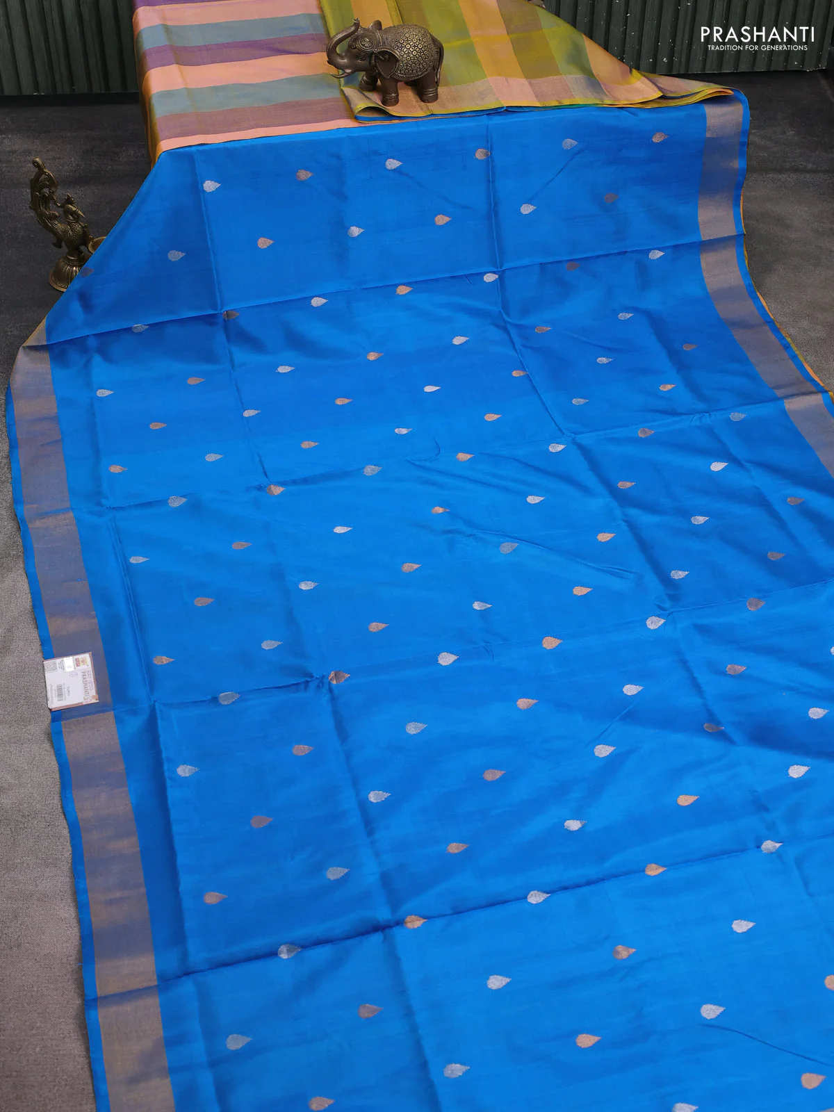 Pure uppada partly silk saree cs blue and multi colour with silver & gold zari woven tilak buttas and zari woven border - Image 2