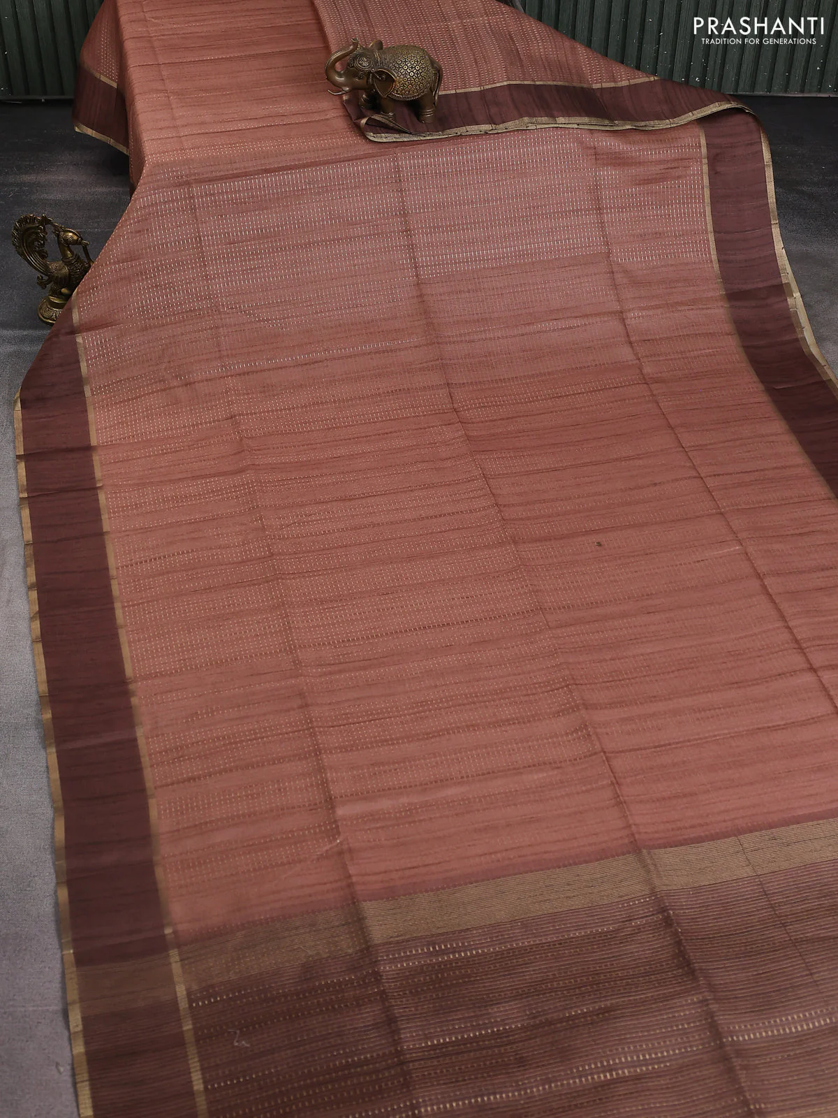 Semi matka saree brown and coffee brown with allover zari weaves and rettapet zari woven border - Image 2