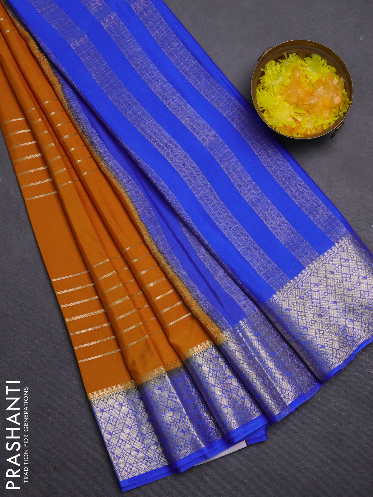 Semi mysore silk saree dark mustard and royal blue with allover zari weaves and zari woven border