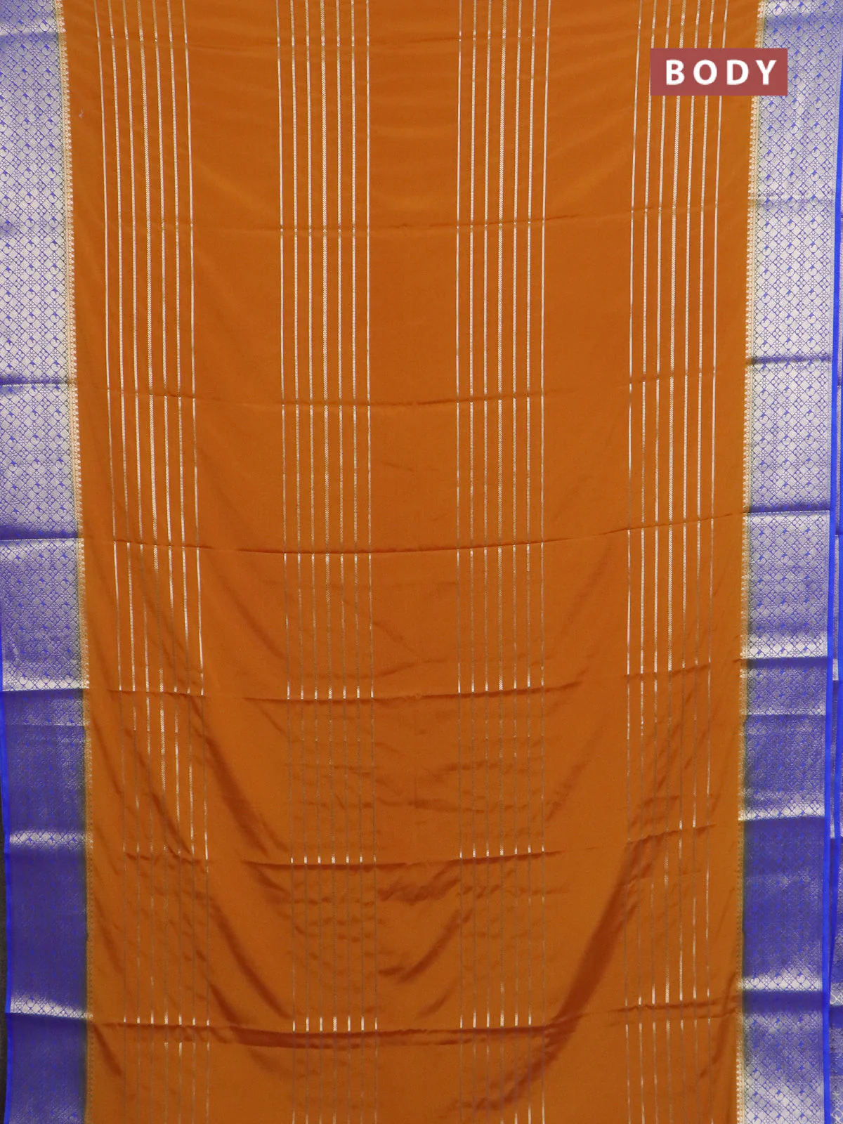 Semi mysore silk saree dark mustard and royal blue with allover zari weaves and zari woven border - Image 2