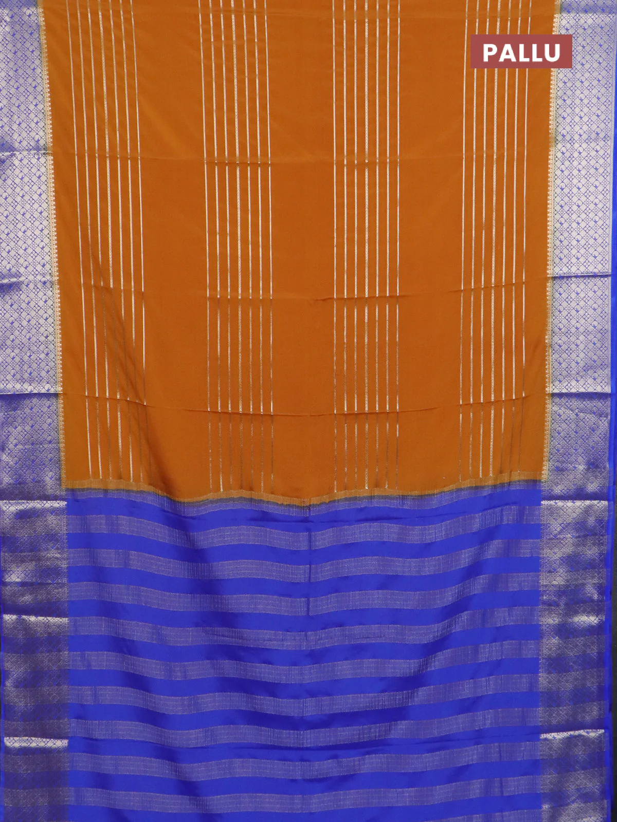Semi mysore silk saree dark mustard and royal blue with allover zari weaves and zari woven border - Image 3