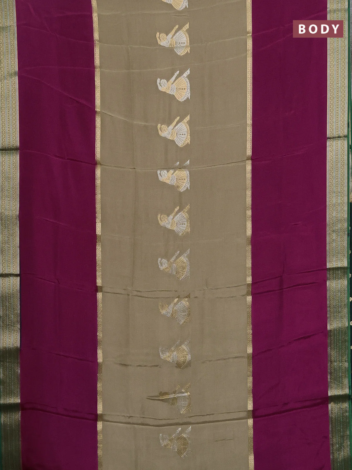 Semi mysore silk saree elaichi green purple and green with zari woven buttas and long zari woven border - Image 2