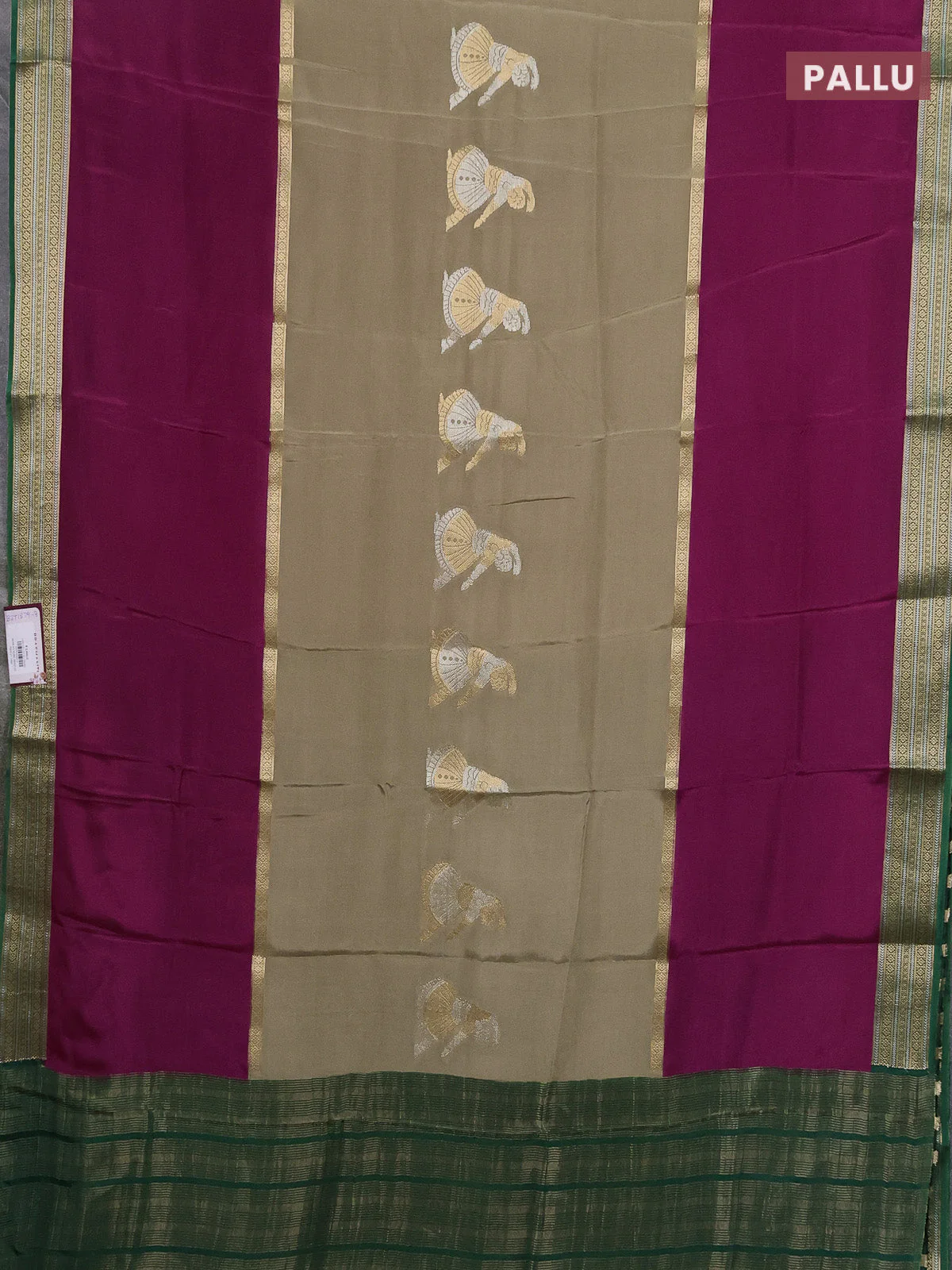 Semi mysore silk saree elaichi green purple and green with zari woven buttas and long zari woven border - Image 3