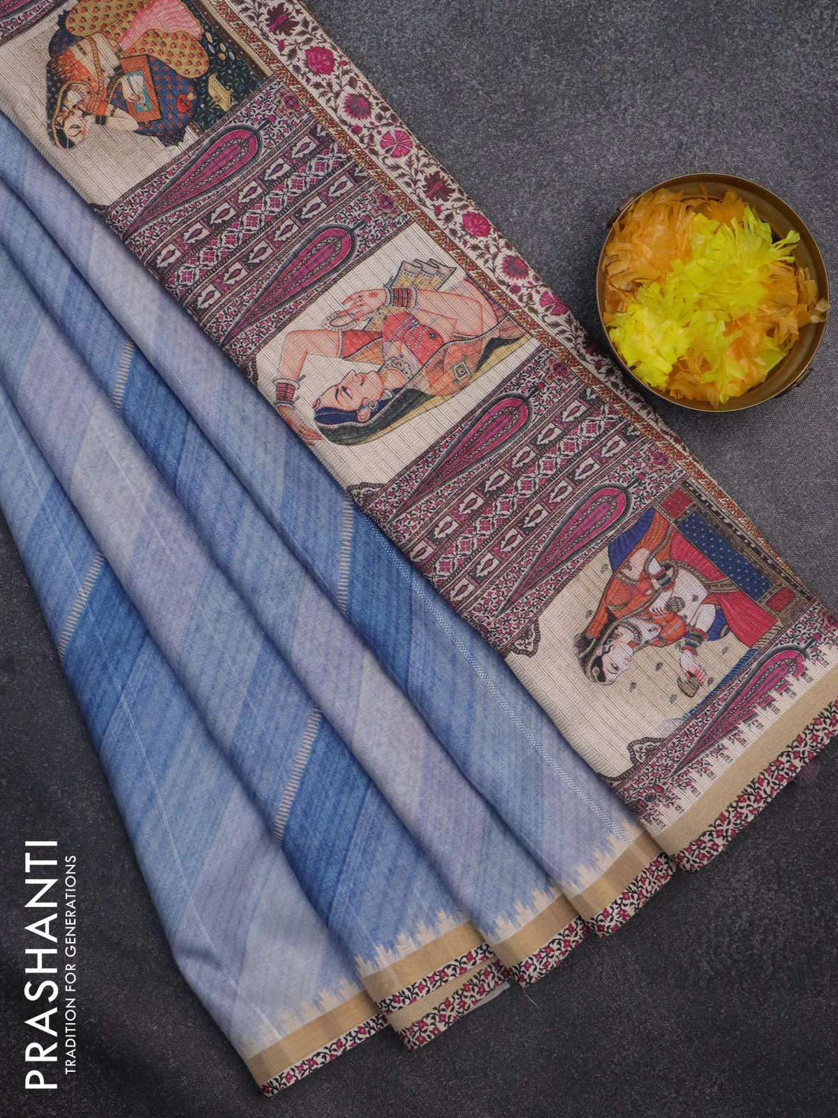 Semi tussar saree blue shade and cream with allover zig zag saree and kalamkari printed pallu - Image 2