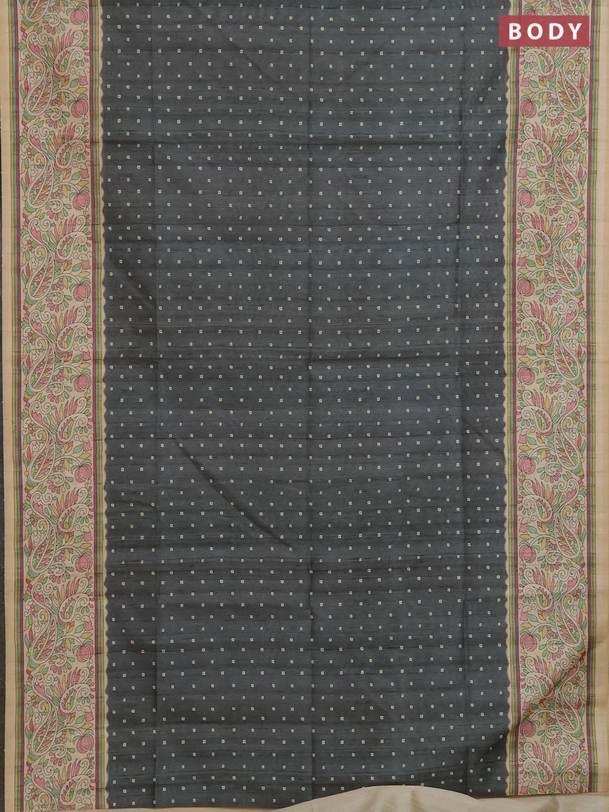 Semi tussar saree grey and cream with allover bandhani prints and madhubani printed pallu & border - Image 2