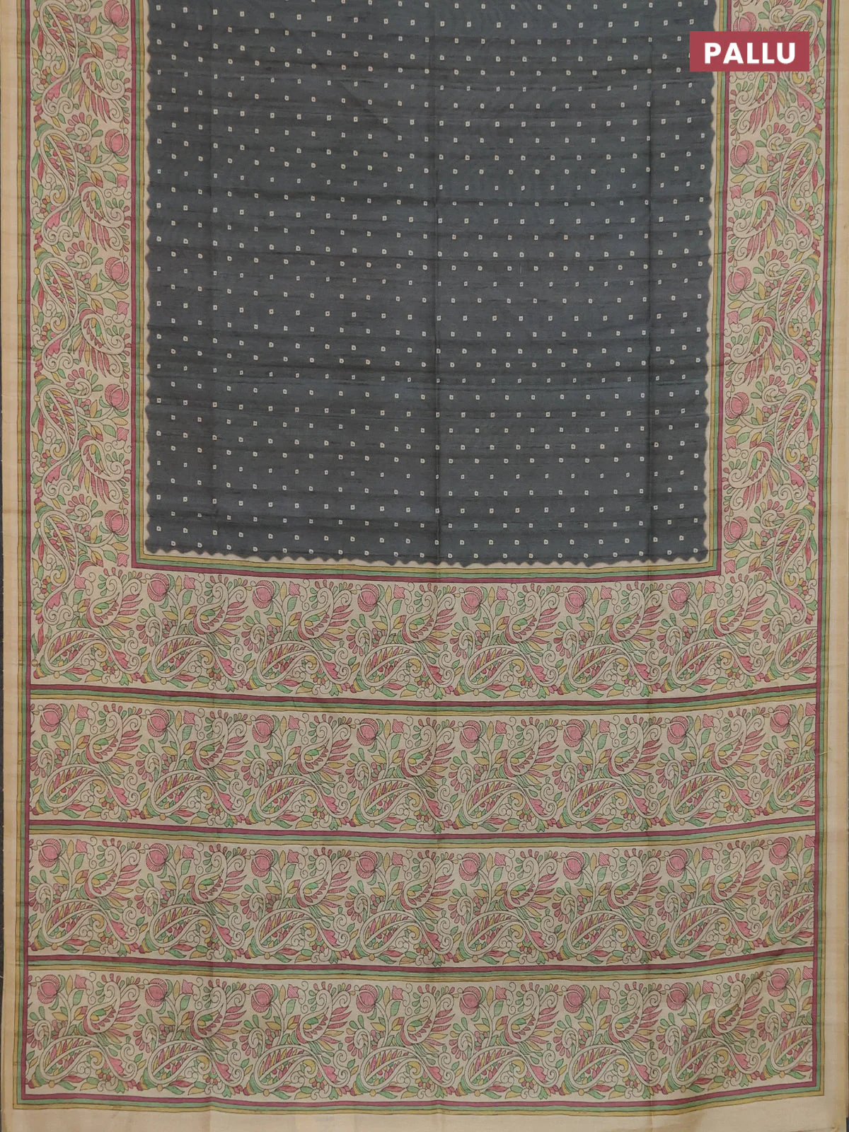Semi tussar saree grey and cream with allover bandhani prints and madhubani printed pallu & border - Image 3