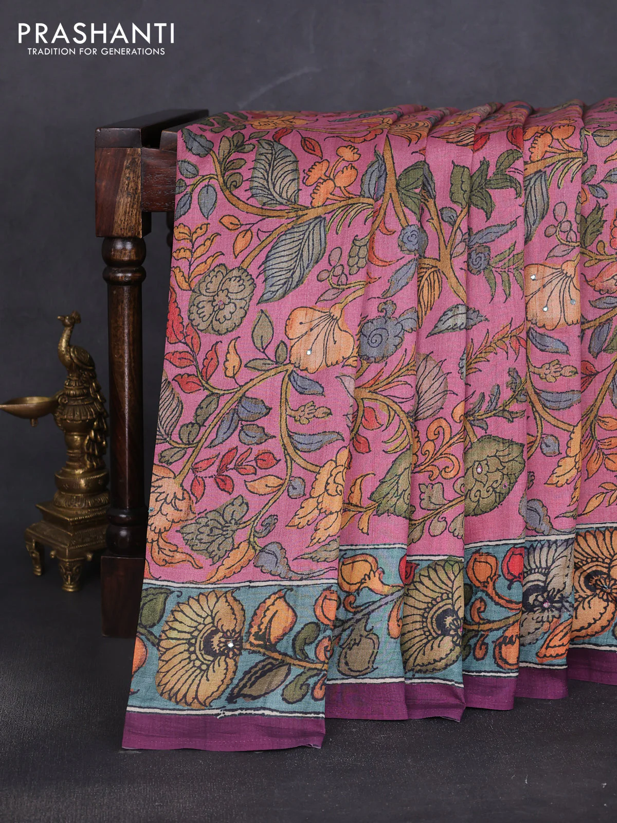 Semi tussar saree mauve pink and wine with allover kalamkari prints and mirror work - Image 2