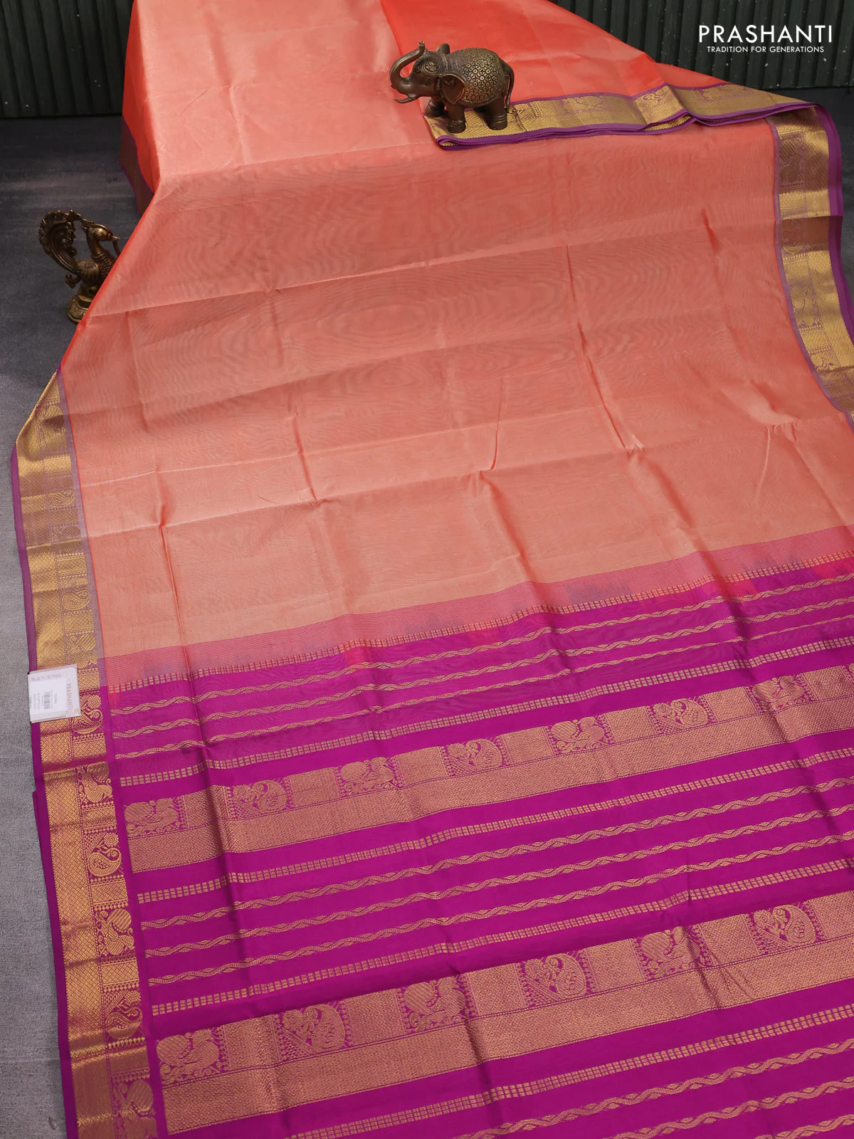 Silk cotton saree peach orange and purple with plain body and zari woven border - Image 2